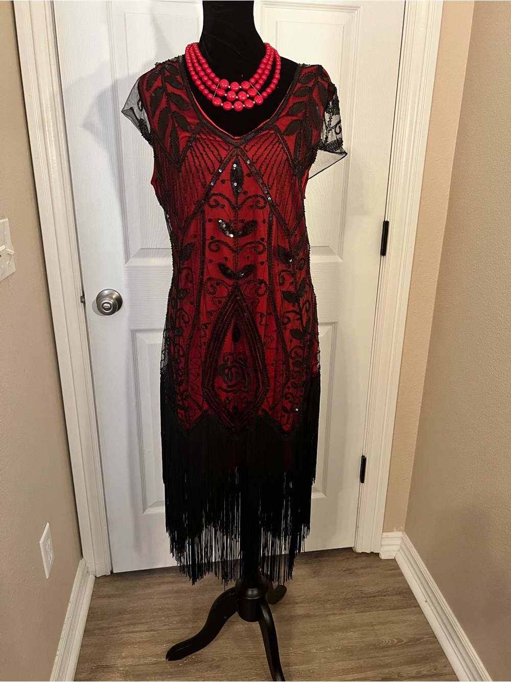 Unique Vintage Red and Black Beaded Fringe Flapper Dress